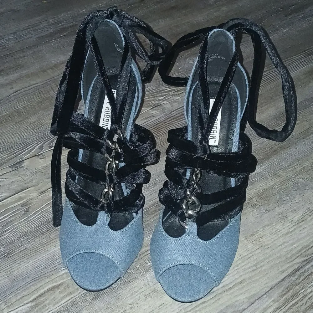 Cape Robbin Denim Black Peep Toe Ankle Straps Heels NWOT Sz 8